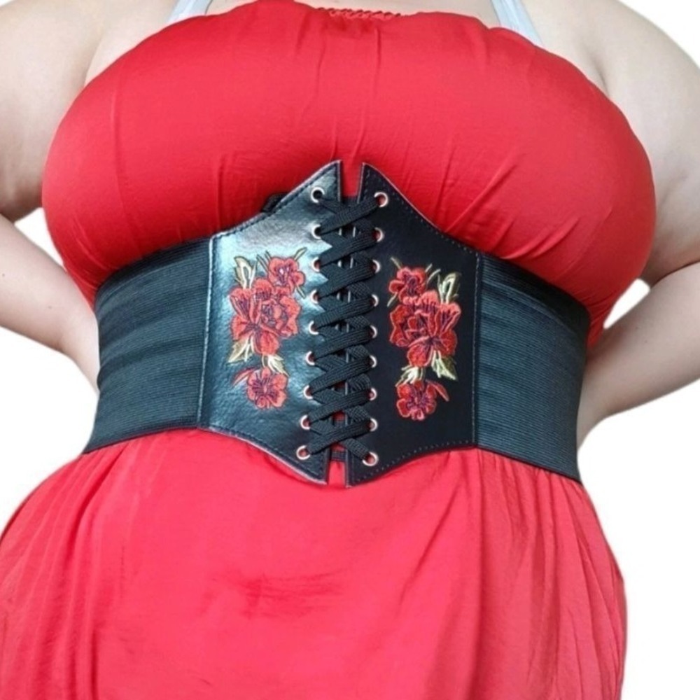 Corset Black Plus size Embroidered Wide Waist Belt Elastic cottage whimsigoth